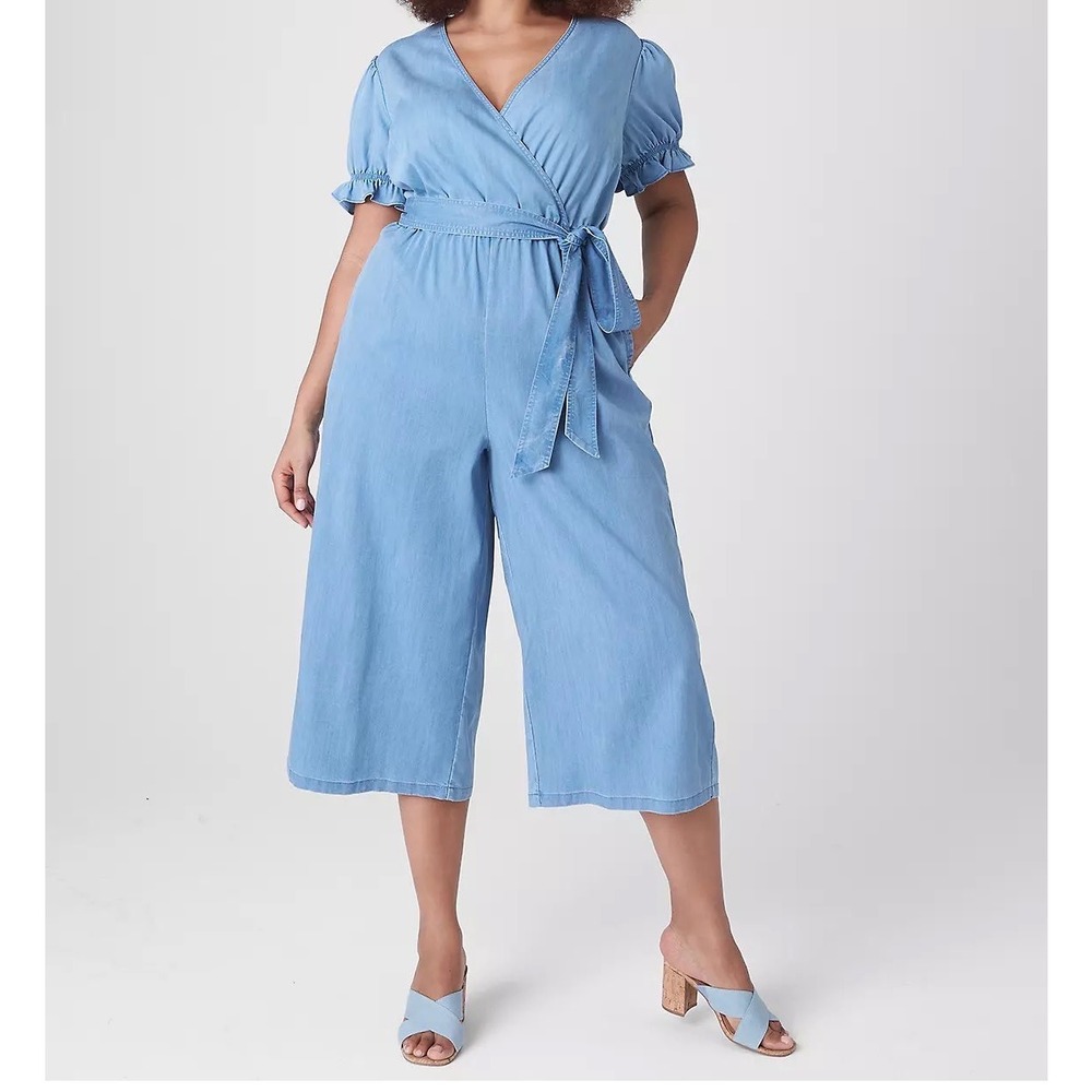 Lane Bryant Womens Plus Size 26 Blue Lyocell Chambray Puff Sleeve‎ Wrap Jumpsuit